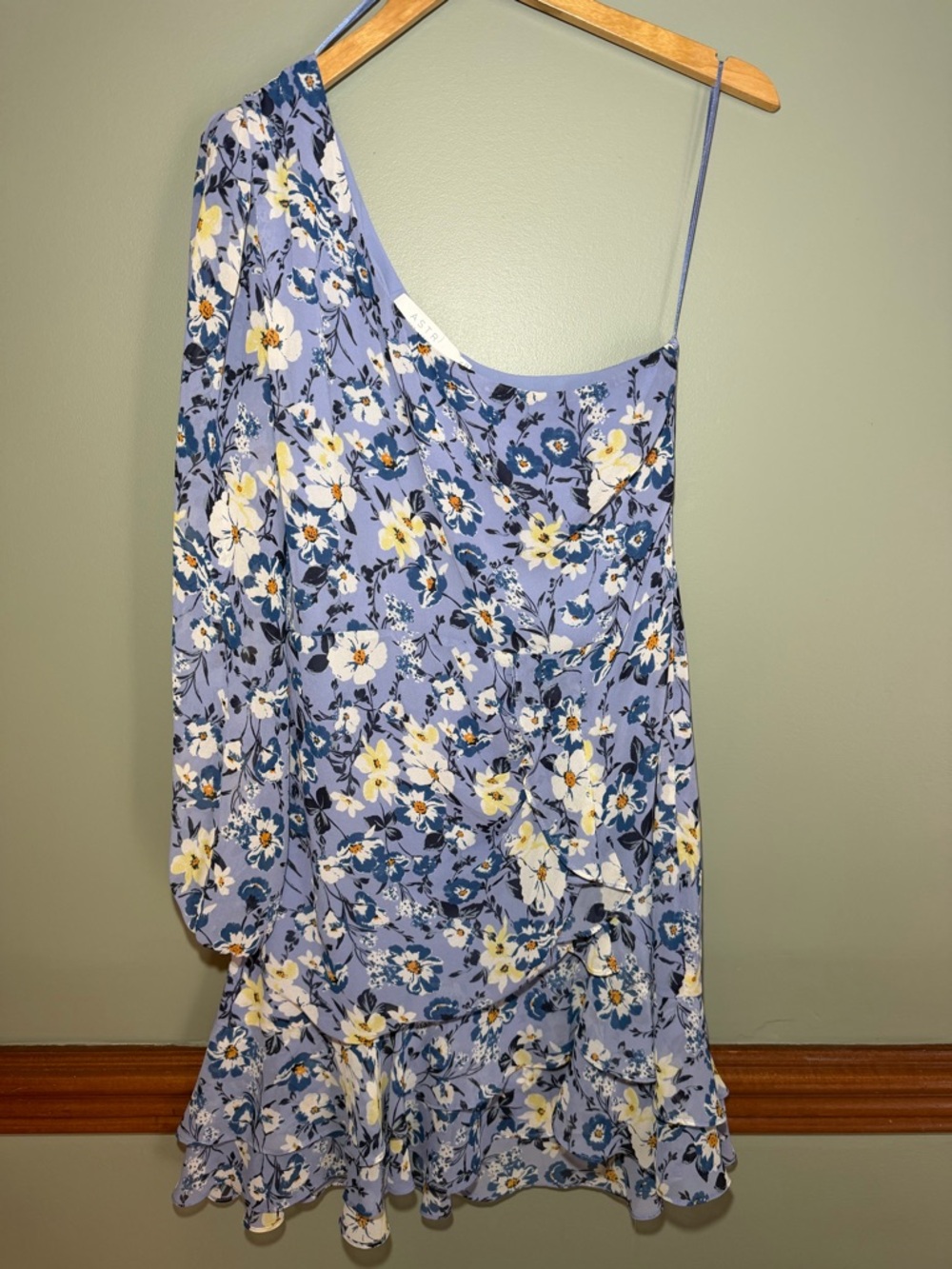 ASTR the Label Blue Floral One Shoulder Tiered Ruffle Mini Dress XL EUC